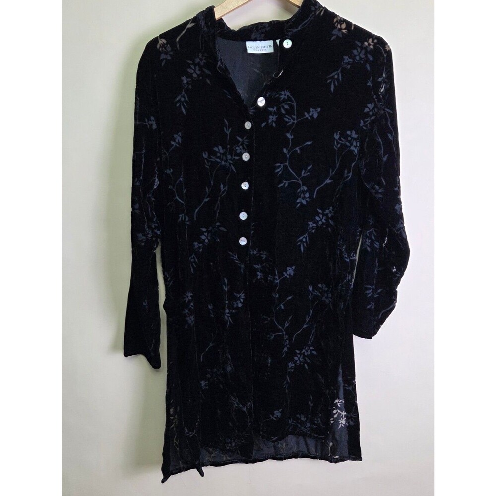 Vintage 90s Jaclyn Smith Classic Burnout Velvet Floral Tunic Blouse Black Medium